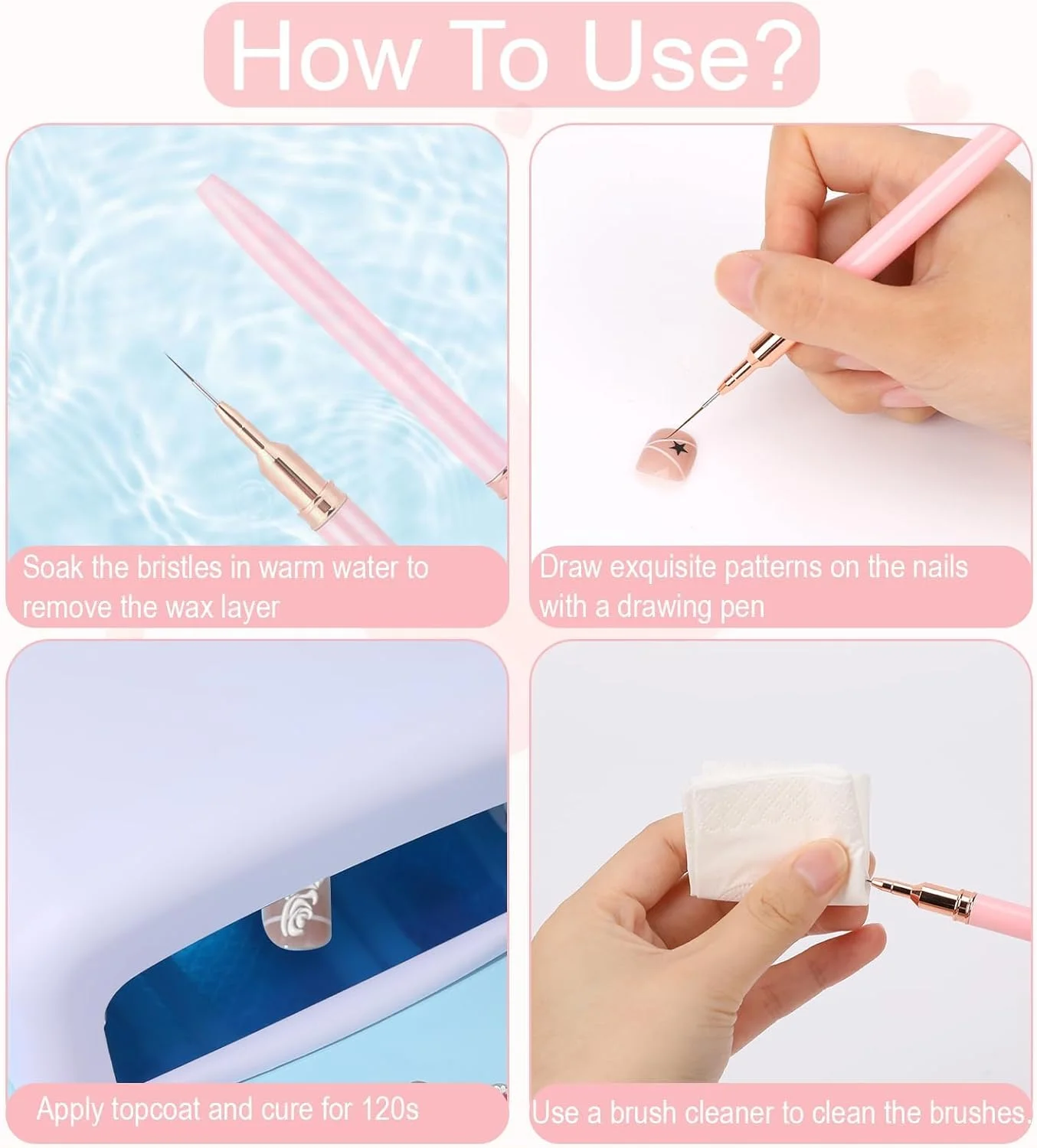 مجموعه 5 عددی قلم موی طراحی ناخن GraGra، ست قلم موی طراحی ناخن، کیت قلم موی جزئیات برای خطوط بلند، جزئیات خطوط نازک، راه راه، طراحی نقاشی با جزئیات ظریف، صورتی