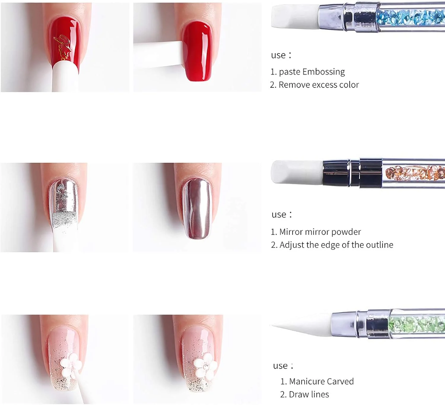 مجموعه ابزار طراحی ناخن ژلی هانیوشنگ شامل 5 عدد قلم طراحی ناخن ژلی، برس حکاکی با سر سیلیکونی و دسته اکریلیک مناسب سالن، قلم توپی حکاکی ژل با دسته نگین دار اکریلیک، برس طراحی ناخن، مداد طراحی ناخن مجموعه ابزار طراحی ناخن ژلی هانیوشنگ شامل 5 عدد قلم طراحی ناخن ژلی، برس حکاکی با سر سیلیکونی و دسته اکریلیک مناسب سالن، قلم توپی حکاکی ژل با دسته نگین دار اکریلیک، برس طراحی ناخن، مداد طراحی ناخن