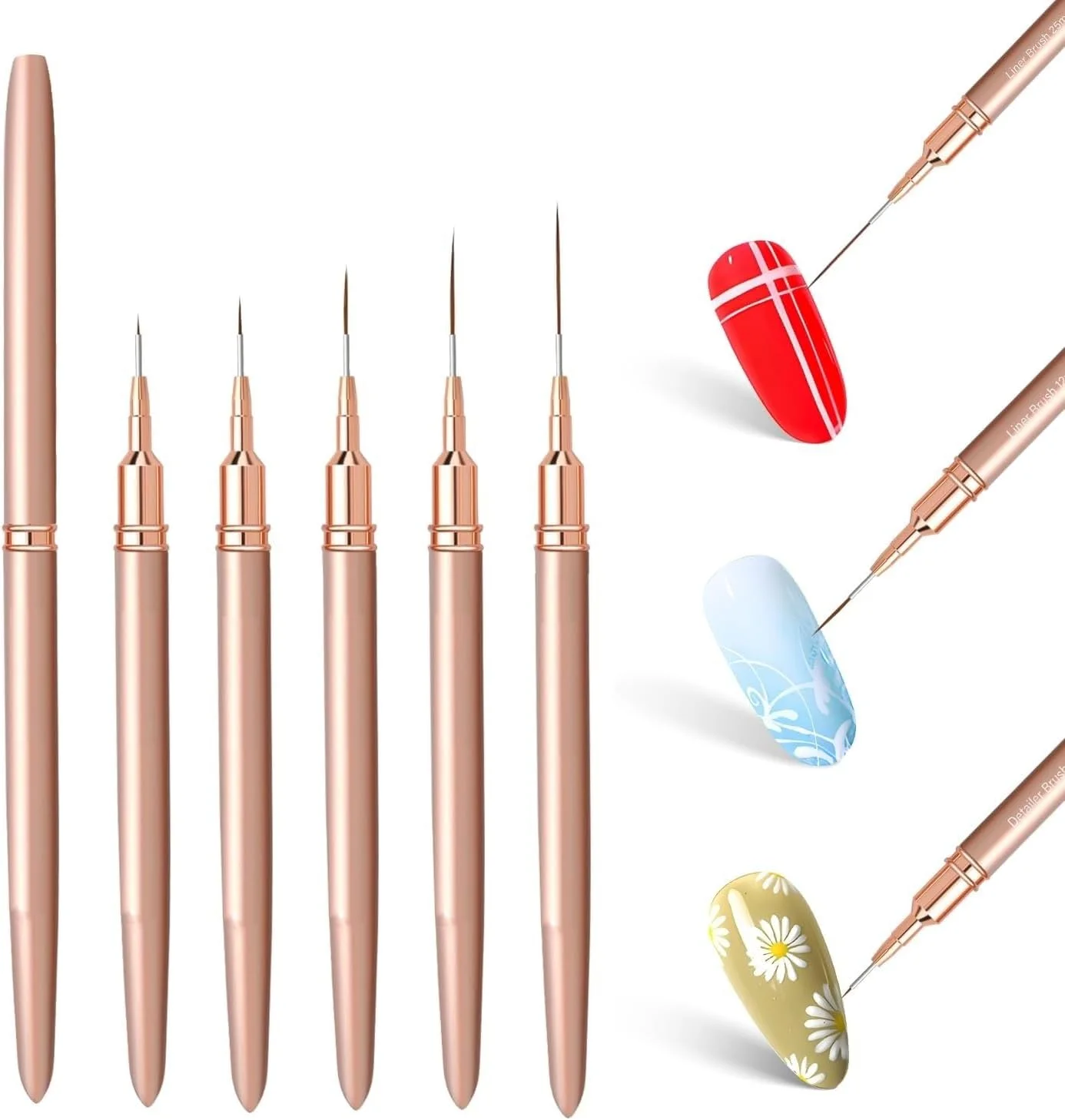 قلموهای طراحی ناخن متالیک، ست قلموی خطی 5 عددی، قلم طراحی هنر نقاشی لاک ژل UV برای خطوط بلند، جزئیات ظریف، طراحی دقیق در اندازه های 4/8/12/20/25 میلی متر (طلایی شامپاین) قلموهای طراحی ناخن متالیک، ست قلموی خطی 5 عددی، قلم طراحی هنر نقاشی لاک ژل UV برای خطوط بلند، جزئیات ظریف، طراحی دقیق در اندازه های 4/8/12/20/25 میلی متر (طلایی شامپاین)