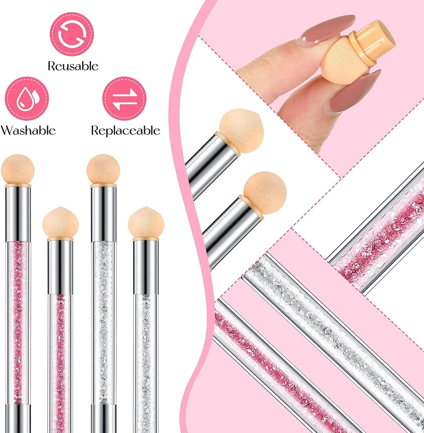 قلم های طراحی ناخن، ابزار طراحی ناخن اسفنجی دو سر، قلم موی گرادینت ناخن، قلم موی نقاشی ناخن اکریلیک دسته نگین دار، با 16 عدد سر تعویضی برای مانیکور طراحی ناخن، 4 عدد (صورتی، سفید) قلم های طراحی ناخن، ابزار طراحی ناخن اسفنجی دو سر، قلم موی گرادینت ناخن، قلم موی نقاشی ناخن اکریلیک دسته نگین دار، با 16 عدد سر تعویضی برای مانیکور طراحی ناخن، 4 عدد (صورتی، سفید)