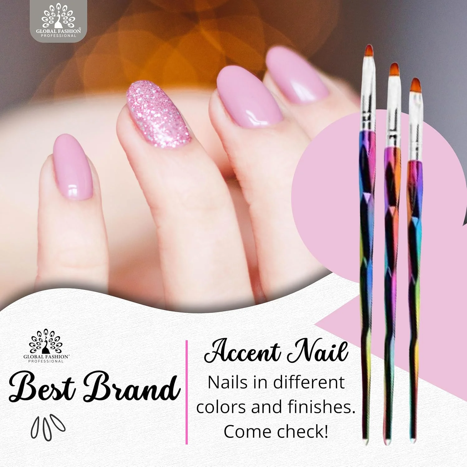 مجموعه قلم موی بیضی شکل ژل UV حرفه ای هنر ناخن GLOBAL FASHION (3 عدد) - قلم موی ناخن برای ناخن های اکریلیک و ژل - ابزار دقیق طراحی ناخن