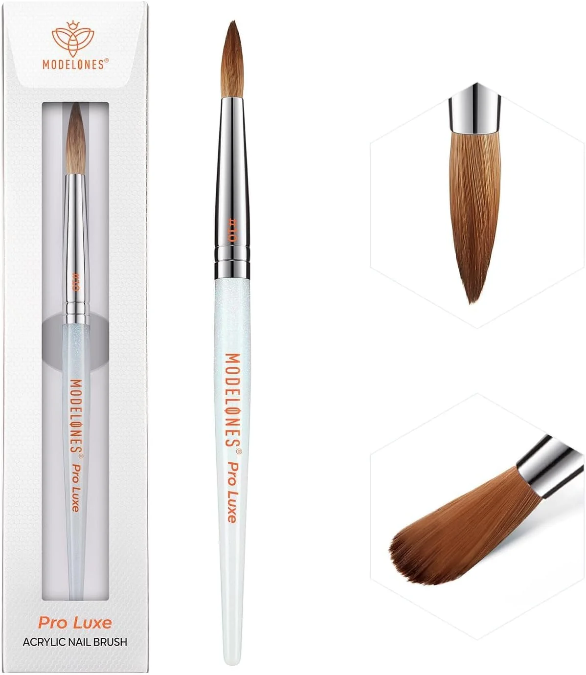 قلم موی کاشت ناخن اکریلیک حرفه ای Modelones Pro Luxe، موی سمور Kolinsky خالص 100% سایز 10، دسته ارگونومیک بادوام با شکل بیضی چین دار برای طراحی ناخن با پودر اکریلیک، مناسب استفاده حرفه ای در سالن و DIY