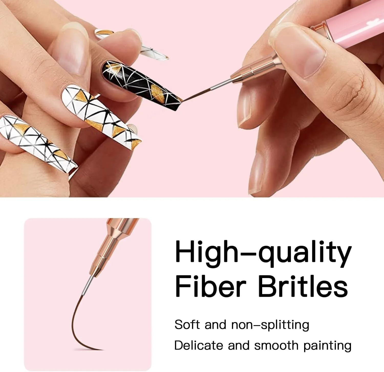 Niefeel Nail Art Liner Brushes, 5Pcs Painting Nail Art Brush Set Nail Dotting Drawing Tool for Long Lines, Thin Details, Fine Drawing Sizes 4/8/12/20/25mm(Pink)