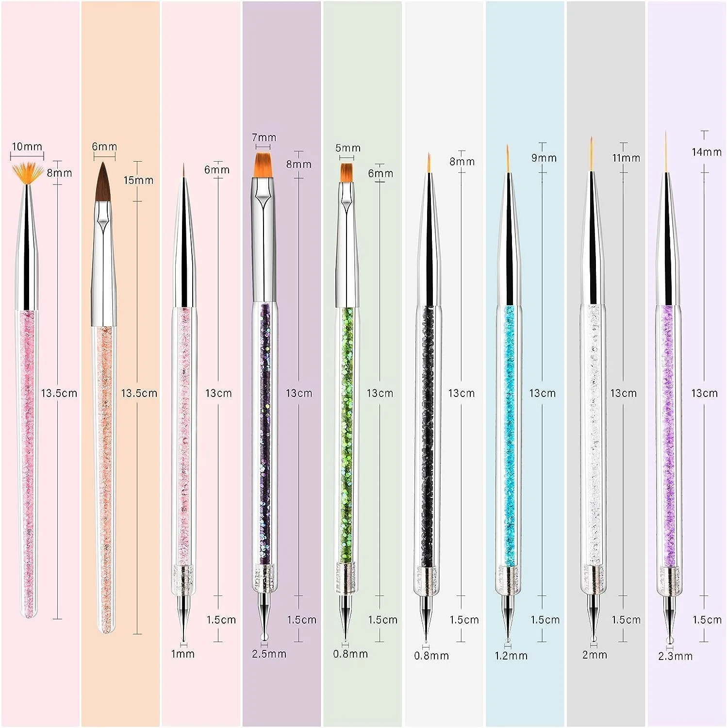 قلموهای طراحی ناخن ORiTi، 9 عدد قلمو طراحی ناخن شامل قلموی لاینر ناخن و قلم های نقطه گذاری ناخن