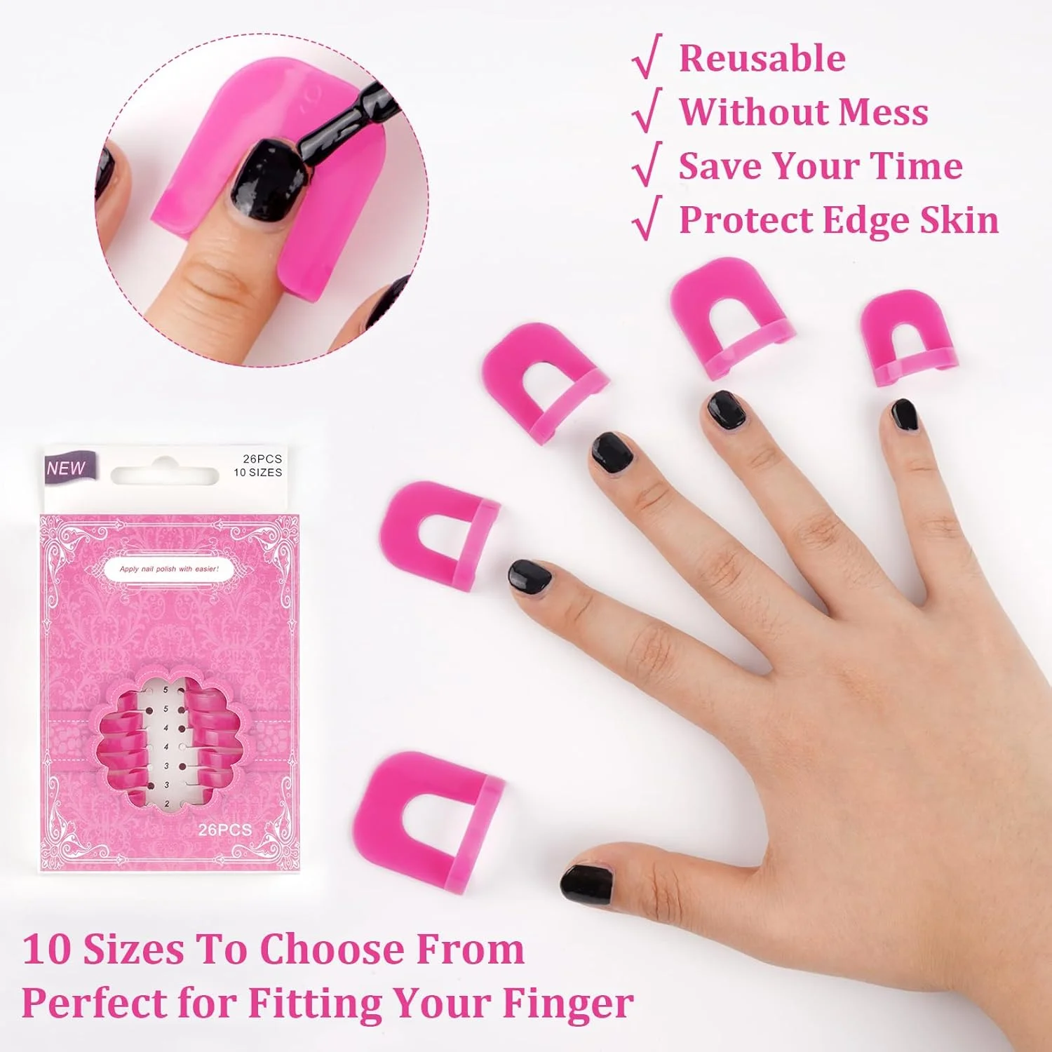 26 عدد محافظ لاک ناخن ضد ریزش، نگهدارنده لاک ناخن قابل استفاده مجدد برای طراحی ناخن، 10 سایز، صورتی 26 عدد محافظ لاک ناخن ضد ریزش، نگهدارنده لاک ناخن قابل استفاده مجدد برای طراحی ناخن، 10 سایز، صورتی