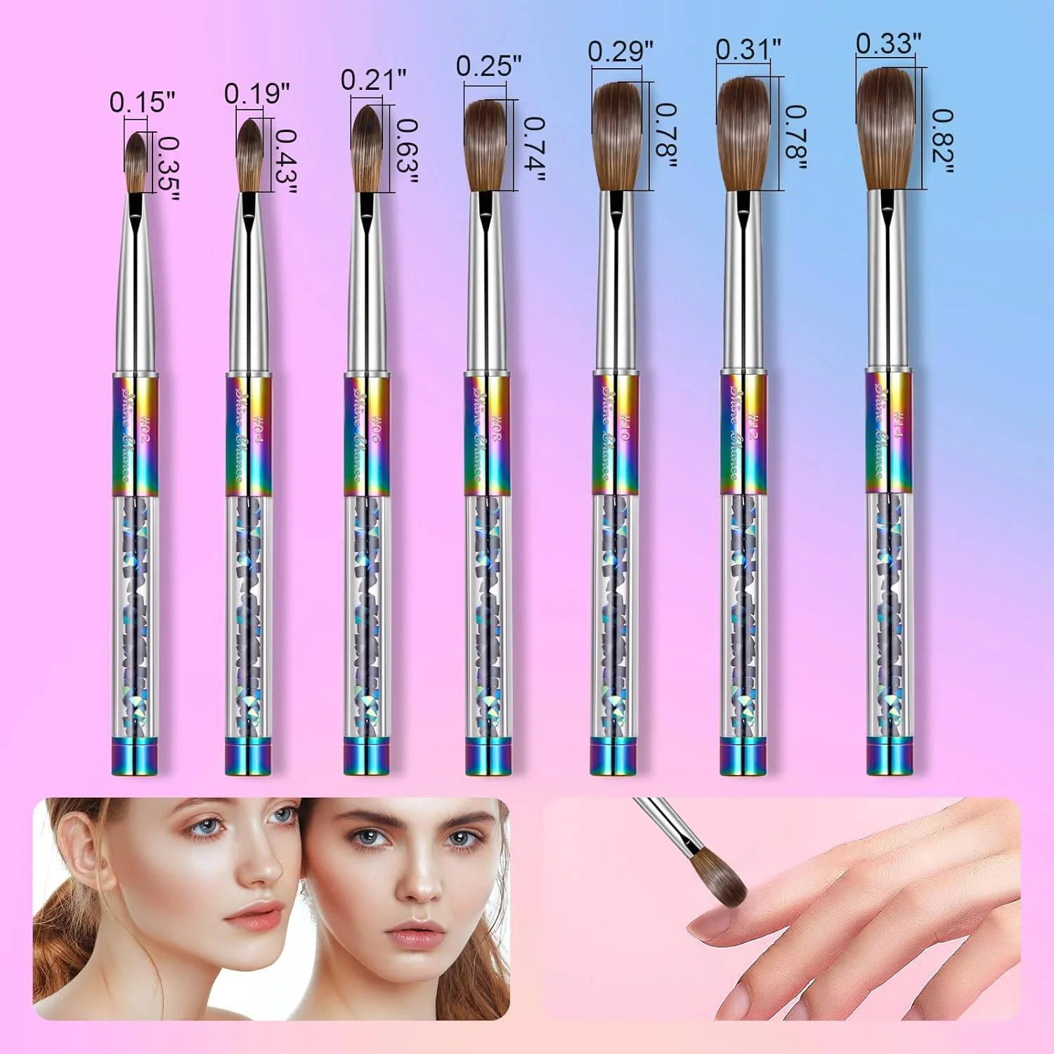 قلم موی اکریلیک Shine Chance 100% Kolinsky با دسته تزئین شده با سنگ های قیمتی رنگین کمانی سایز 2#/4#/6#/8#/#10/#12/#14 قلم موی اکریلیک Kolinsky Sable Nail Brushes (#06)