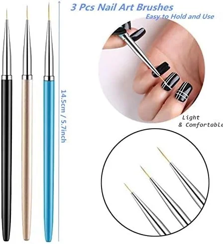 قلم موی طراحی ناخن سایوسی 3 عددی، قلم موی نایلونی طراحی ناخن اکریلیک و ژل UV، قلم طراحی و نقاشی ناخن (7/9/11 میلی متر)