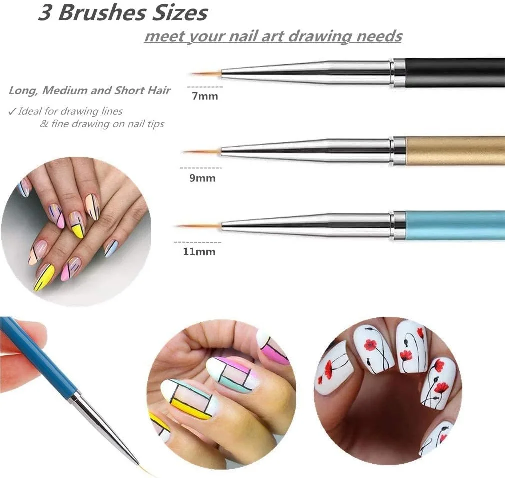 قلم موی طراحی ناخن سایوسی 3 عددی، قلم موی نایلونی طراحی ناخن اکریلیک و ژل UV، قلم طراحی و نقاشی ناخن (7/9/11 میلی متر)
