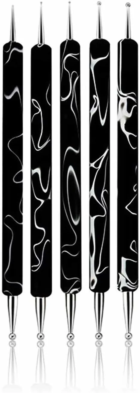 قلم نقطه کوبی طراحی ناخن دو سر تزویق، قلم نقطه کوبی طراحی ناخن، ست برس تزئین ناخن (موج مشکی، 5 عدد)
