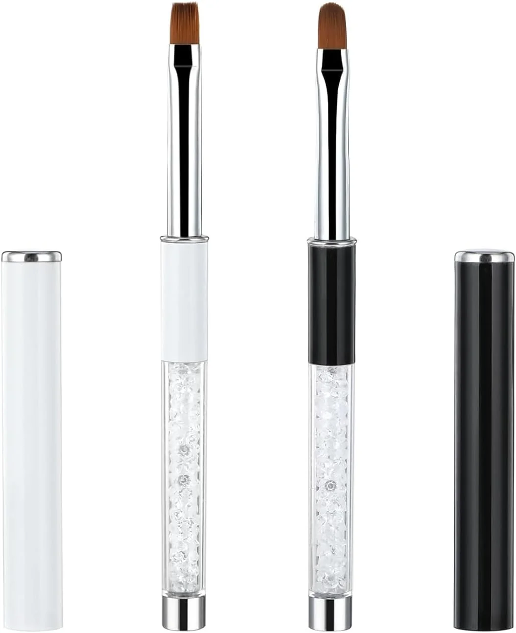 ست قلم موی ژل ناخن 2 عددی، قلم موهای طراحی ناخن حرفه ای با دسته نگین دار، مناسب برای سالن ناخن یا خانه (سیاه و سفید)