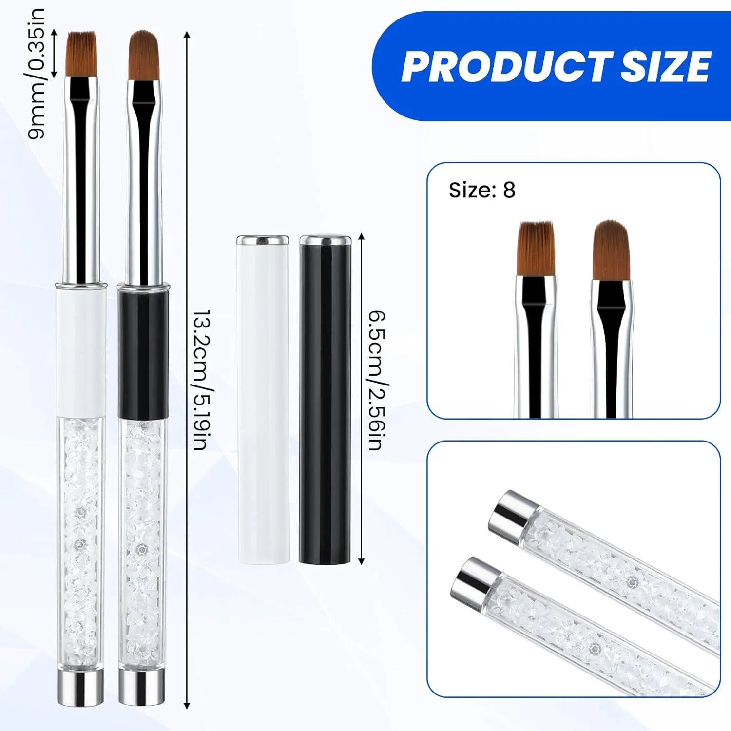 ست قلم موی ژل ناخن 2 عددی، قلم موهای طراحی ناخن حرفه ای با دسته نگین دار، مناسب برای سالن ناخن یا خانه (سیاه و سفید)