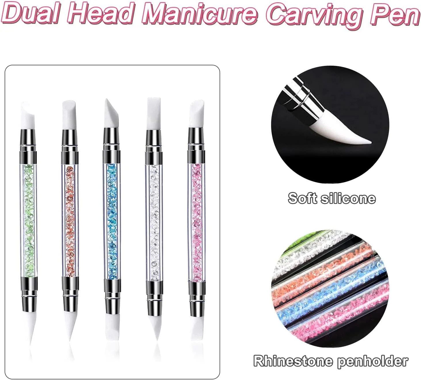 قلم طراحی ناخن سیلیکونی نگین دار، قلم موی طراحی ناخن سیلیکونی، قلم حکاکی مانیکور دو سر، ابزار تزئین ناخن DIY، ست ابزار نقطه گذاری برس لاک ناخن (5 عدد)