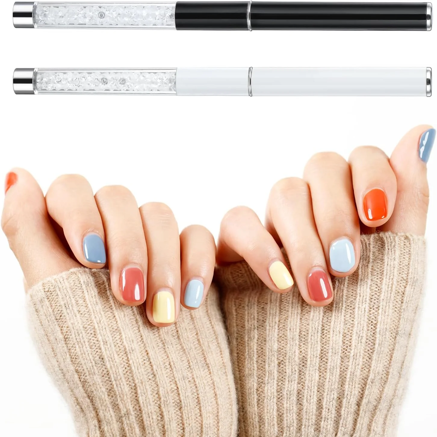ست قلم موی ژل ناخن 2 عددی، قلم موهای طراحی ناخن حرفه ای با دسته نگین دار، مناسب برای سالن ناخن یا خانه (سیاه و سفید)