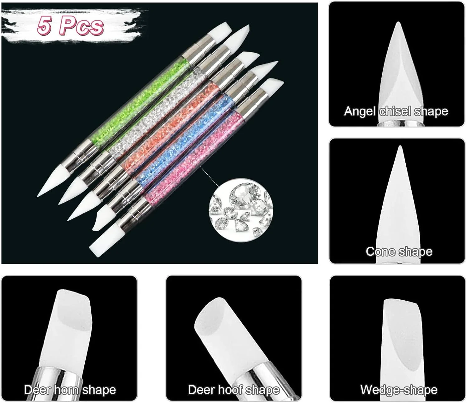 قلم طراحی ناخن سیلیکونی نگین دار، قلم موی طراحی ناخن سیلیکونی، قلم حکاکی مانیکور دو سر، ابزار تزئین ناخن DIY، ست ابزار نقطه گذاری برس لاک ناخن (5 عدد)