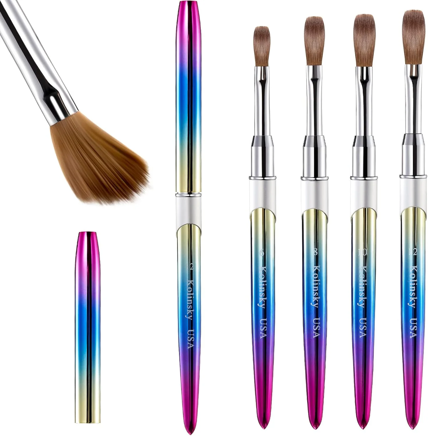 پاتچن، ست ۴ عددی قلم موی کاشت ناخن آکریلیک با موی کولینسکی، دسته گرد، مناسب برای طراحی و مانیکور ناخن، سایزهای ۶، ۸، ۱۰، ۱۲