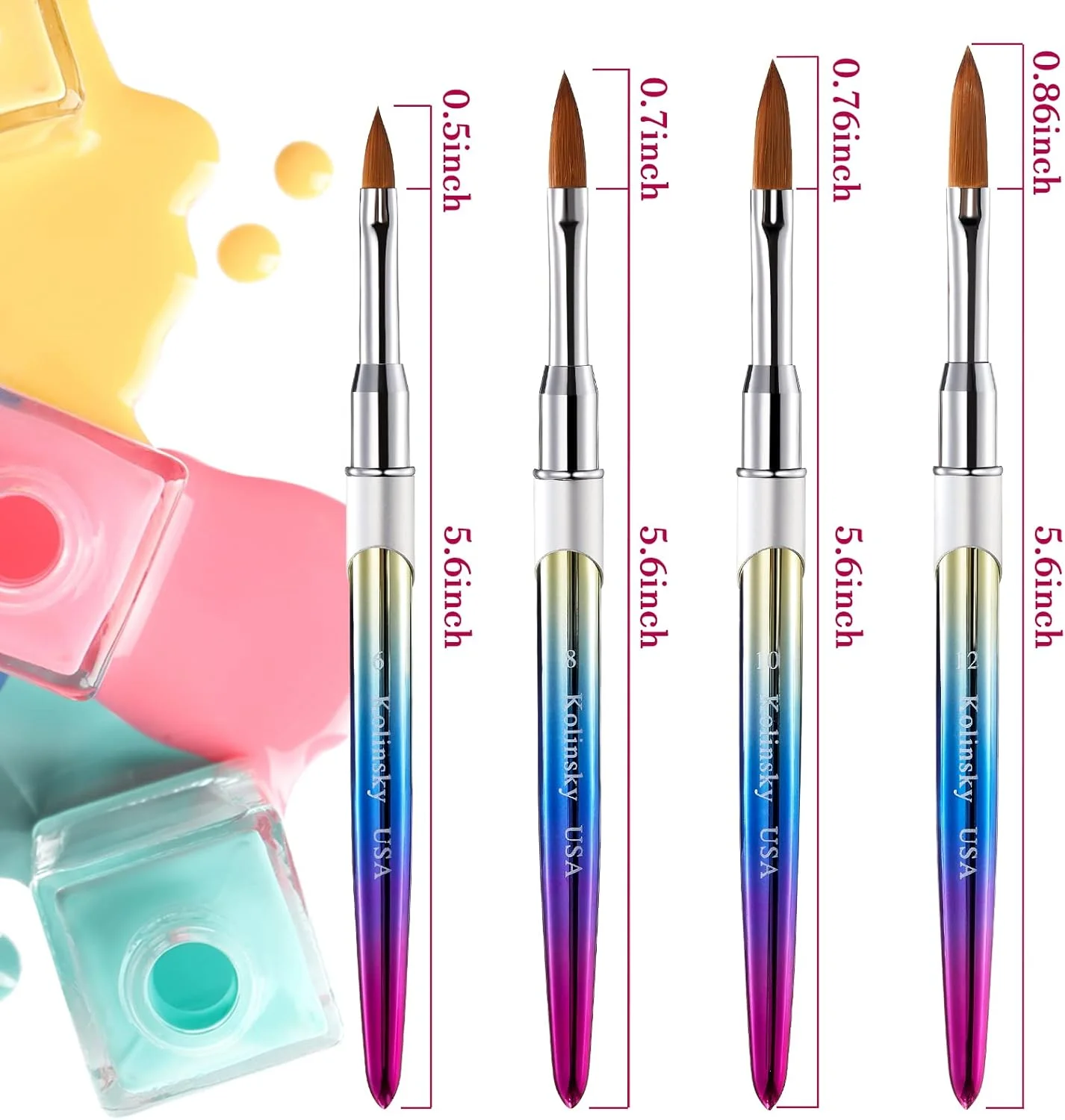 پاتچن، ست ۴ عددی قلم موی کاشت ناخن آکریلیک با موی کولینسکی، دسته گرد، مناسب برای طراحی و مانیکور ناخن، سایزهای ۶، ۸، ۱۰، ۱۲