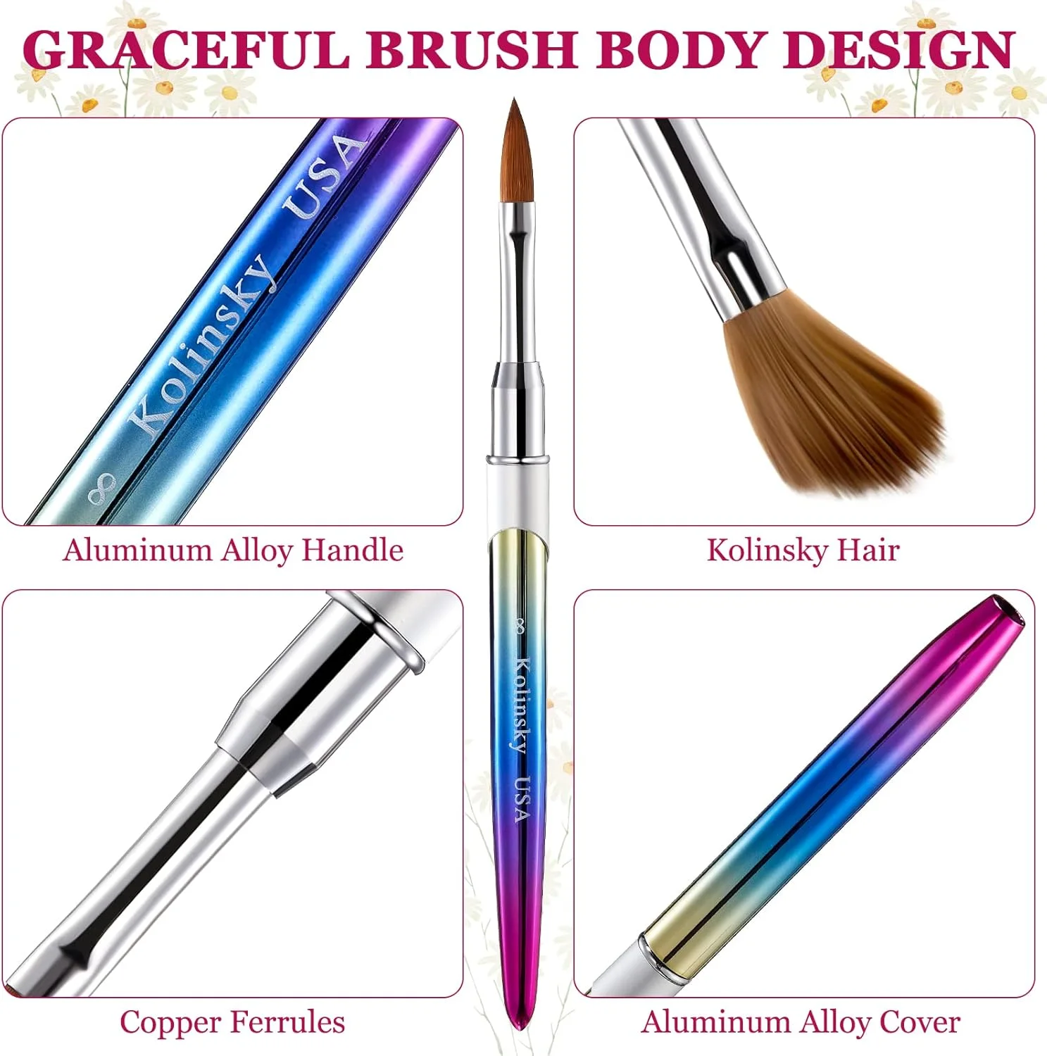 پاتچن، ست ۴ عددی قلم موی کاشت ناخن آکریلیک با موی کولینسکی، دسته گرد، مناسب برای طراحی و مانیکور ناخن، سایزهای ۶، ۸، ۱۰، ۱۲