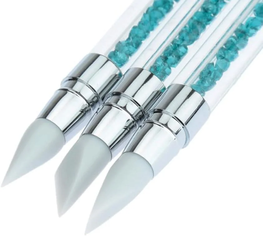 ست 3 عددی قلم طراحی ناخن سیلیکونی دو طرفه WOKOTO، برس طراحی سنگ های تزئینی آبی، برس مجسمه سازی برای طراحی سه بعدی، ابزار نقطه گذاری