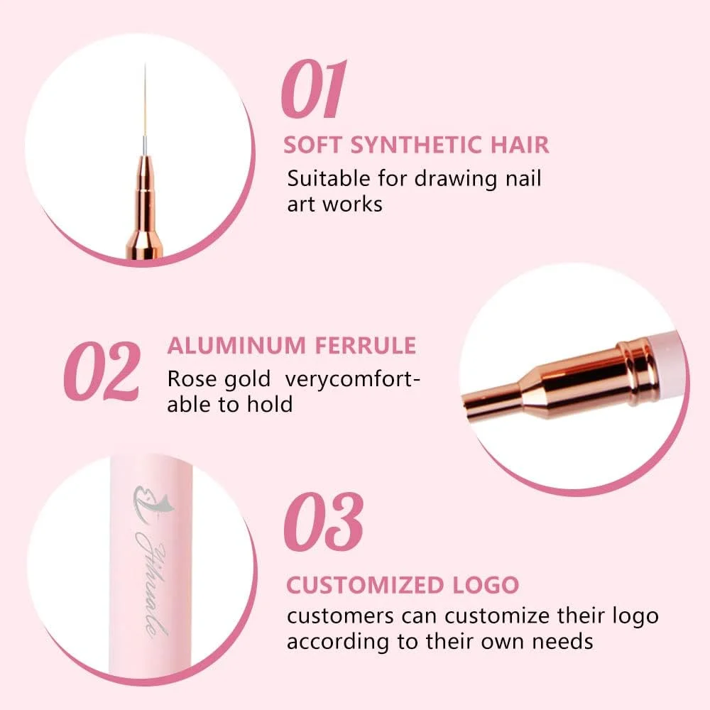 ست 7 عددی قلم طراحی ناخن ییهواله، قلم موی باریک و بلند برای طراحی خطوط و نقطه گذاری، مناسب برای طراحی با لاک ژل یو وی، دسته فلزی صورتی - سایز 3/5/7/9/11/15/25 میلی متر