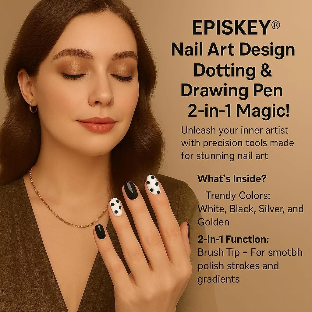 ست ابزار طراحی ناخن EPISKEY® شامل قلم مو، برس طراحی، نقطه گذاری و لاک UV، بسته 2 عددی (سفید مشکی) (NAIL ART WB)