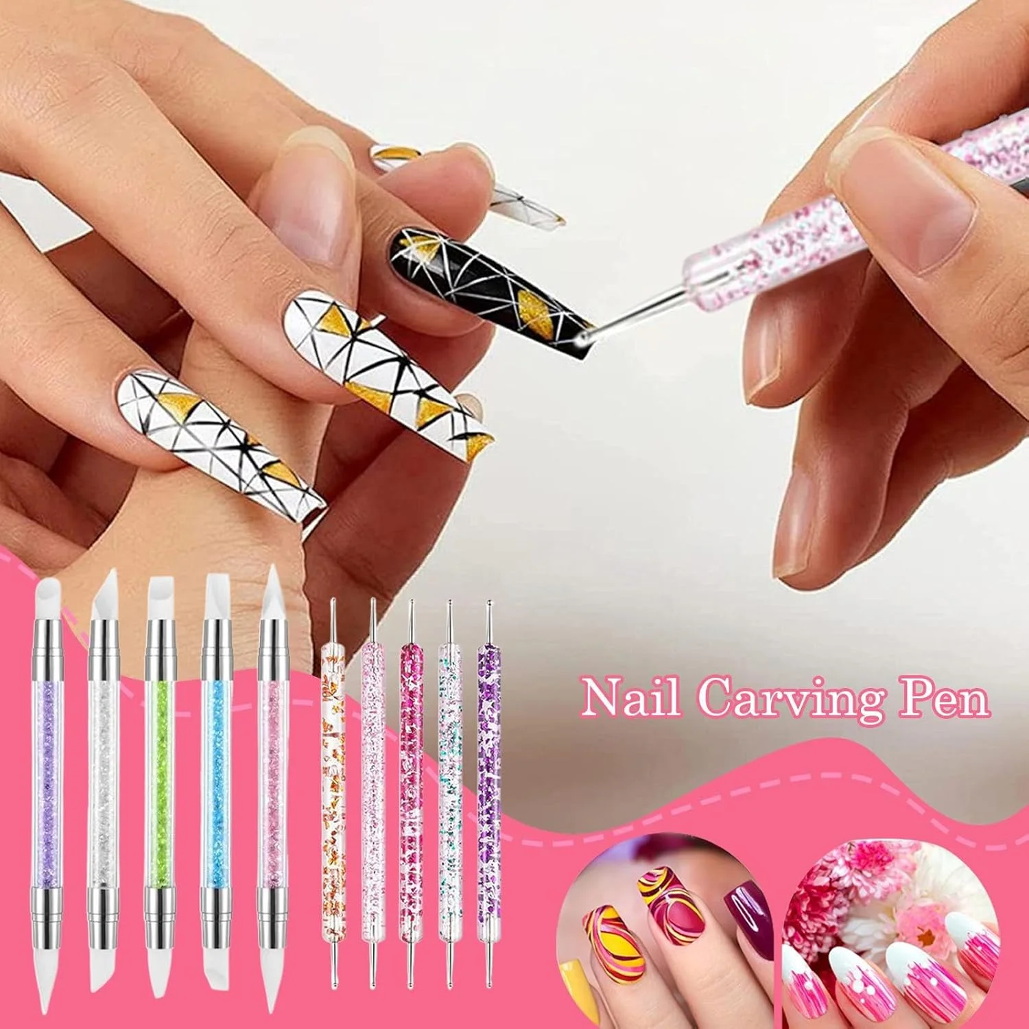 ابزار طراحی ناخن، ابزار طراحی لاک ناخن دو طرفه نگین دار، کمک کننده به حکاکی ناخن، لوازم مانیکور برای سفر کاری مدرسه خانگی در محیط داخلی