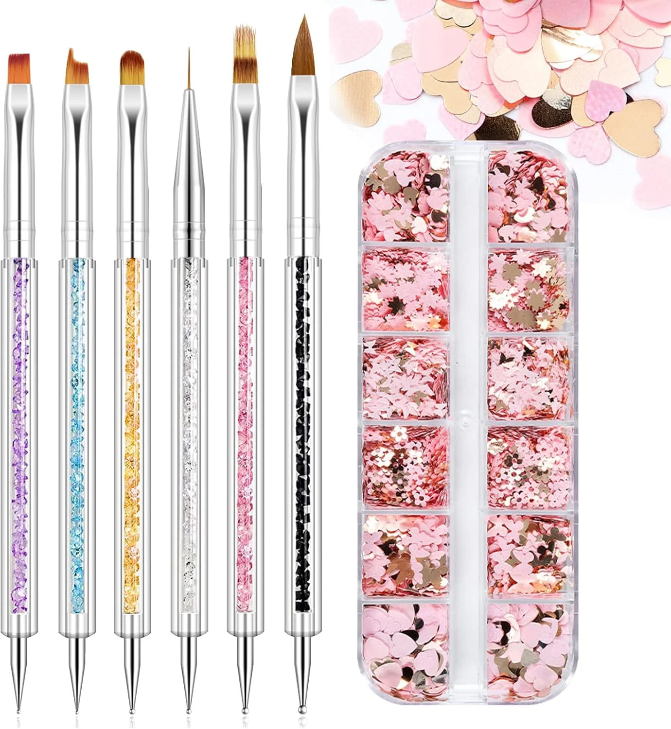 ست قلم موی طراحی ناخن، 6 تکه ابزار قلم موی لاک ناخن، قلم موی ژل اکستنشن، قلم موی خط ناخن، قلم موی تخت گلبرگ، قلم موی سازنده، قلم نقطه گذاری، ابزار نقاشی ناخن با پولک های اکلیلی درشت برای طراحی ناخن ژلی/اکریلیک