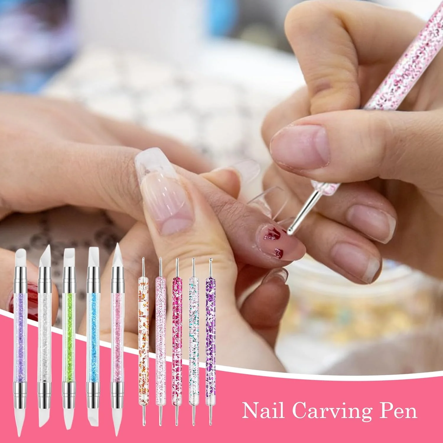 ابزار ژل مجسمه سازی - ابزار مجسمه سازی لاک ناخن دو طرفه نگین دار - ابزار حکاکی ناخن، لوازم مانیکور برای منزل، مدرسه، سفر کاری، داخل سالن