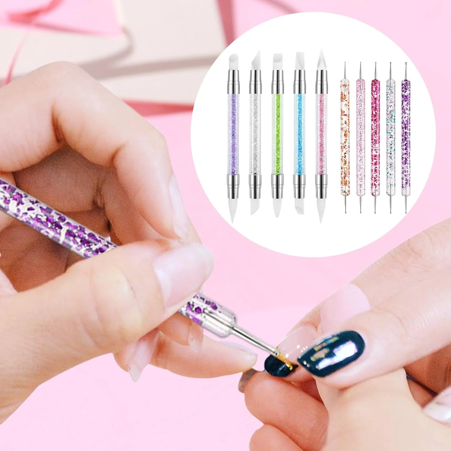 ابزار ژل مجسمه سازی - ابزار مجسمه سازی لاک ناخن دو طرفه نگین دار - ابزار حکاکی ناخن، لوازم مانیکور برای منزل، مدرسه، سفر کاری، داخل سالن