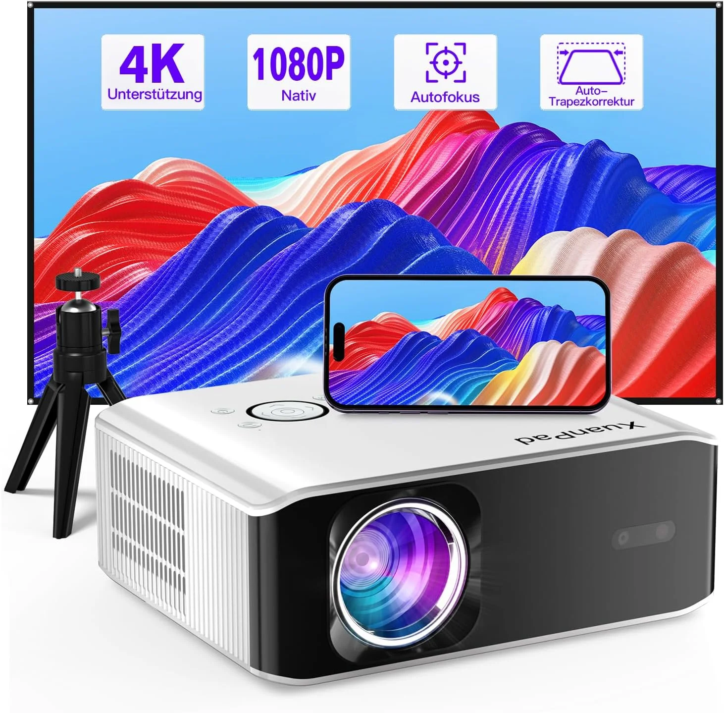 پروژکتور XuanPad با [فوکوس خودکار/تصحیح ذوزنقه]، پشتیبانی از 4K، پروژکتور بومی 1080P 6G WiFi بلوتوث، پروژکتور ویدئویی 28000 لومن سینمای خانگی/فضای باز با سه پایه برای iOS/Andriod/TV Stick