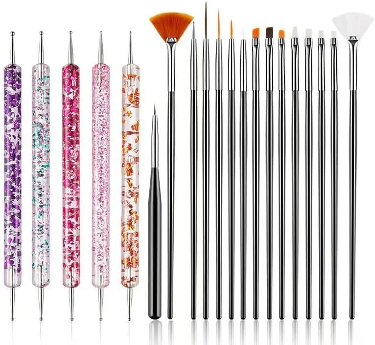 ست کامل قلم های طراحی ناخن، ابزار نقطه گذاری، برس گردگیری، قلم های طراحی خطی ناخن با پالت نگهدارنده، همه در یک مجموعه برای شروع طراحی مانیکور