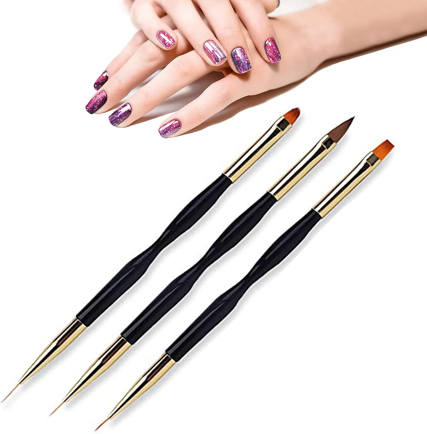 قلم طراحی ناخن DELFINO، قلم طراحی ناخن، قلم هنری ناخن دو طرفه، برس اکریلیک گرد تخت برای نقاشی، طراحی خطوط، ابزار ناخن، قلم طراحی گل، بادوام، تمیز کردن آسان، برس ناخن، با کیفیت بالا 3 عدد