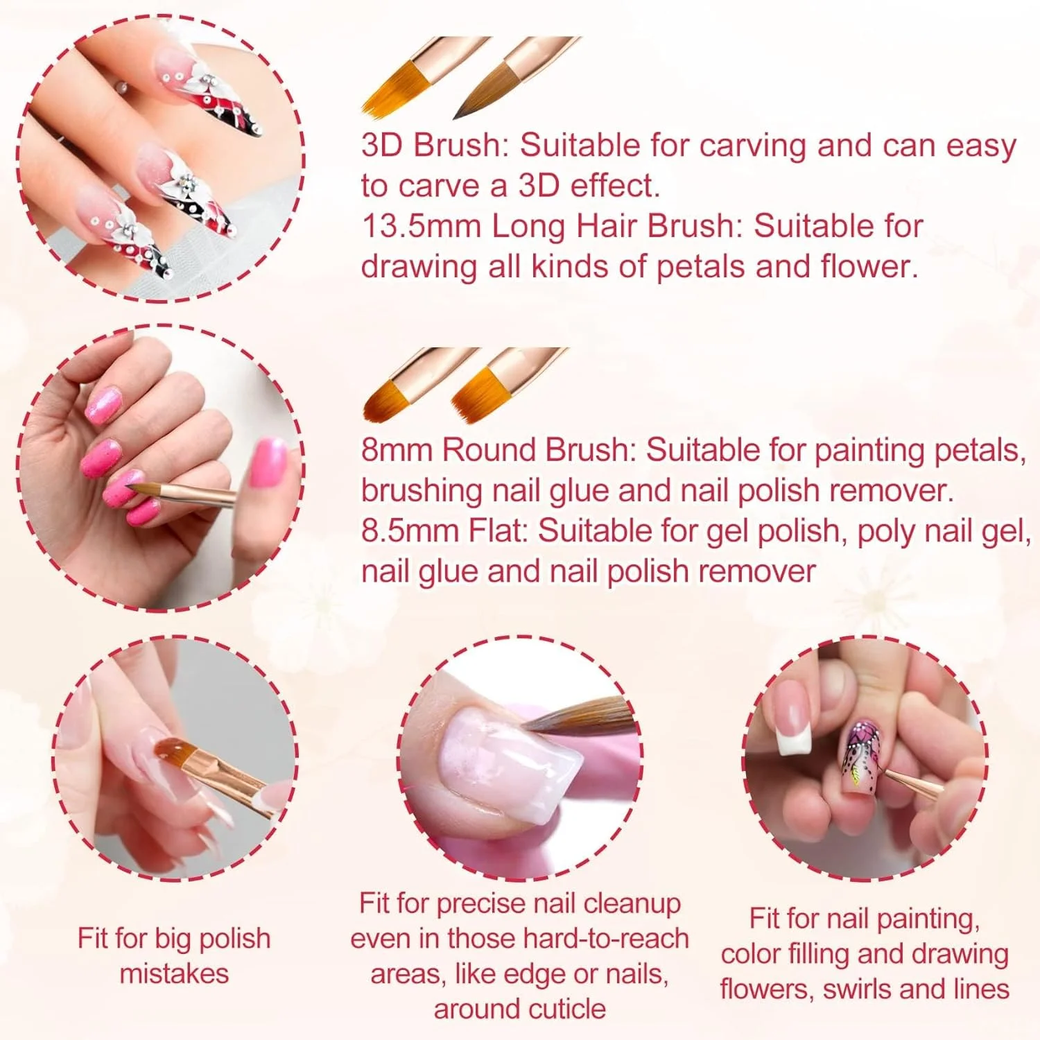 قلموهای طراحی ناخن، قلم طراحی خطوط سه بعدی ناخن دو طرفه، برس های تمیز کننده ناخن، ابزارهای طراحی ناخن با برس ژل بیلدر برای مانیکور خانگی سالن، قلم نقاشی سیم کشی دو سر و دو منظوره، 5 عدد