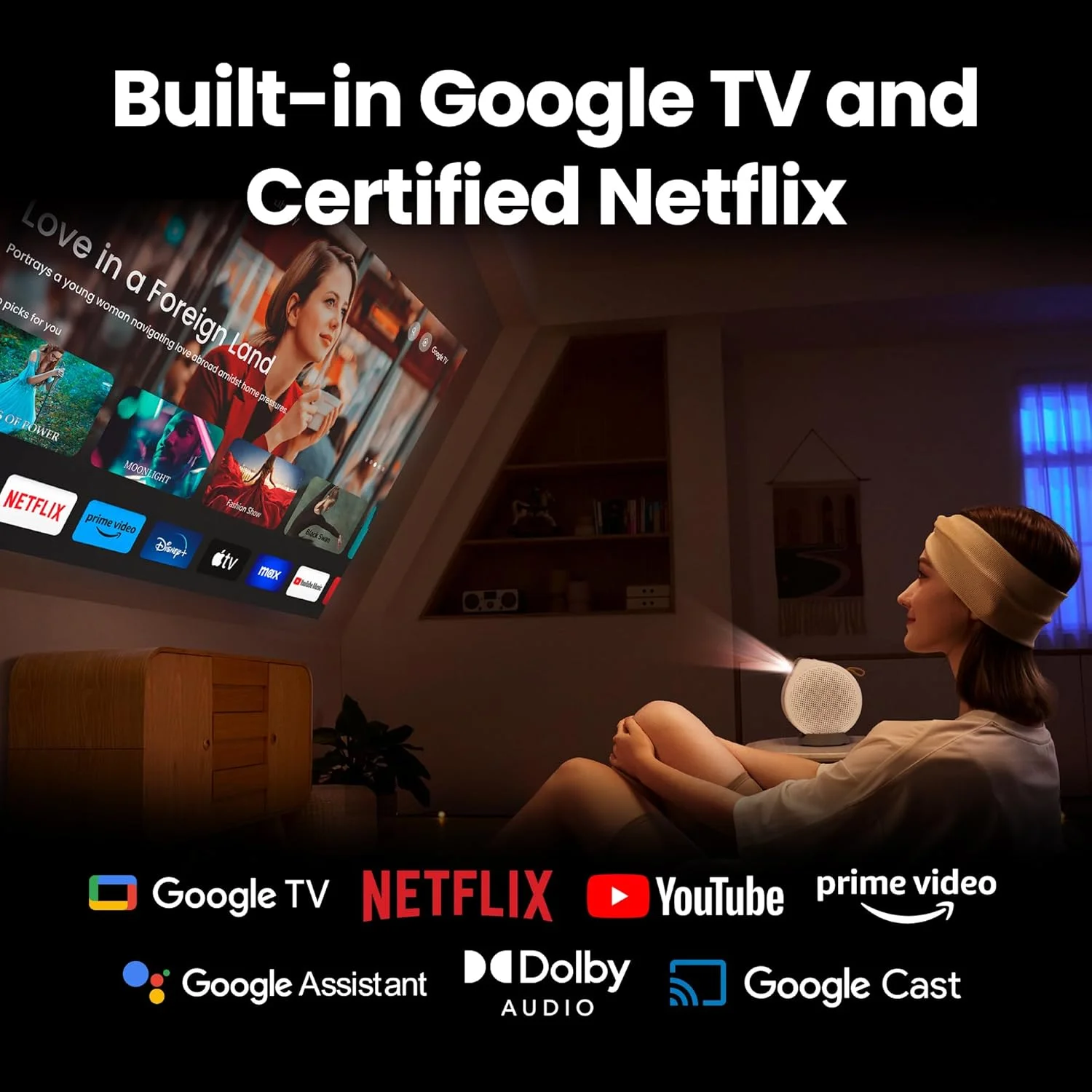 پروژکتور لیزری قابل حمل بنکیو GV50 مدل [عرضه ۲۰۲۵]، ۵۰۰ لومن، 1080p، پشتیبانی از 4K، قابلیت پخش روی سقف، پایه سه پایه، زاویه چرخش، Google TV، دارای تاییدیه Netflix، WiFi و بلوتوث، بلندگوی ووفر عمیق.