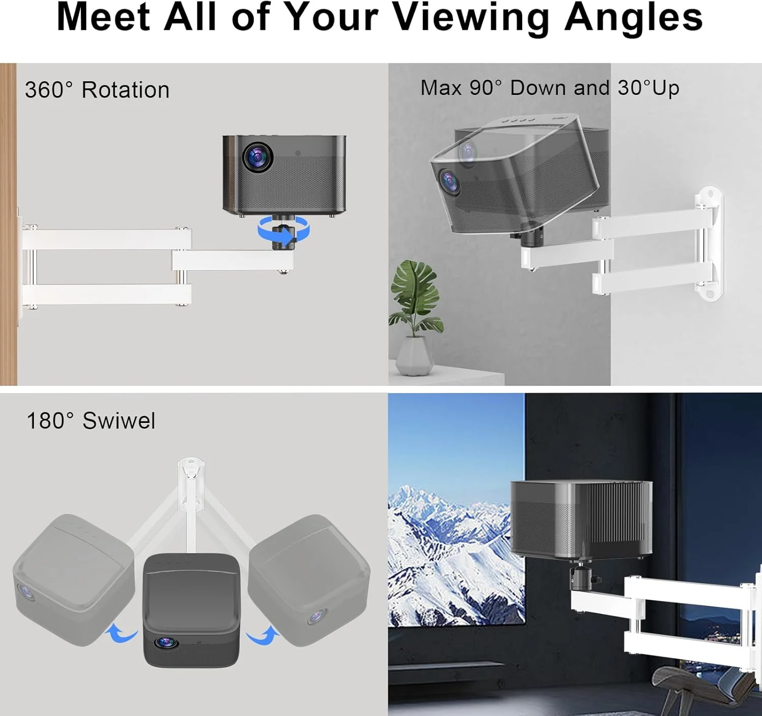 پایه دیواری تاشو پروژکتور Suptek، پایه پروژکتور دیواری قابل تنظیم جهانی، سایز پیچ 1/4 اینچ M4 M6، سفید، MA1330YTW