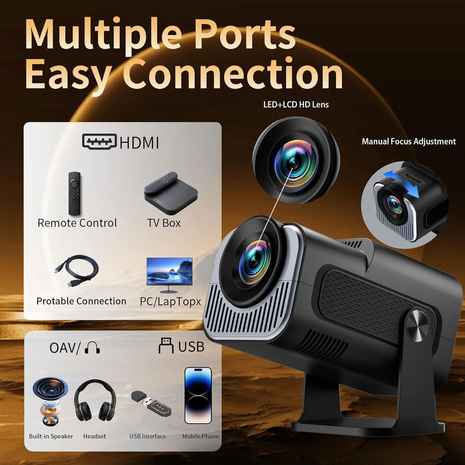 پروژکتور Nonete با کیفیت Full HD 1080P و 4K، چرخش 270 درجه، پشتیبانی از WiFi 6 و بلوتوث 5.2، تصحیح خودکار کیستون، اتصال HDMI/USB، مشکی