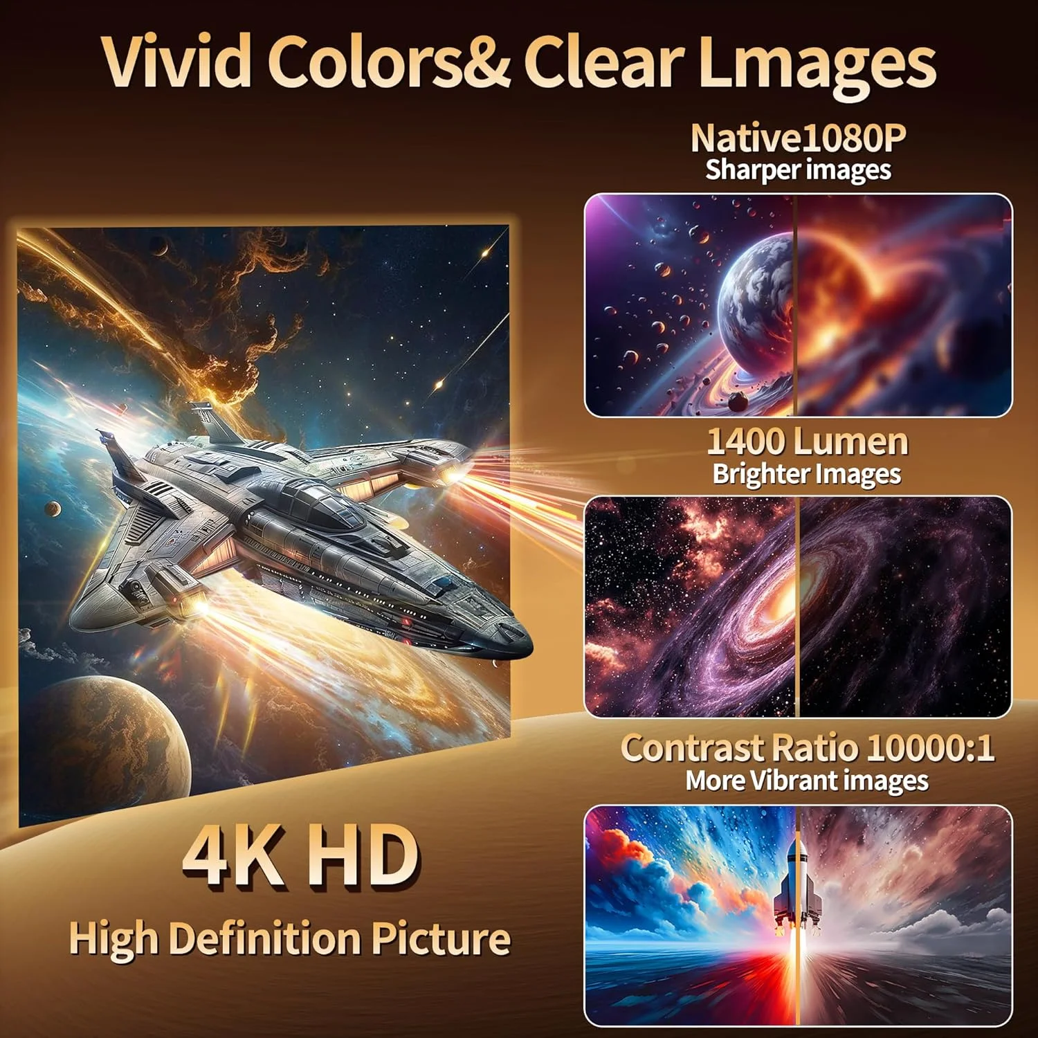 پروژکتور Nonete با کیفیت Full HD 1080P و 4K، چرخش 270 درجه، پشتیبانی از WiFi 6 و بلوتوث 5.2، تصحیح خودکار کیستون، اتصال HDMI/USB، مشکی