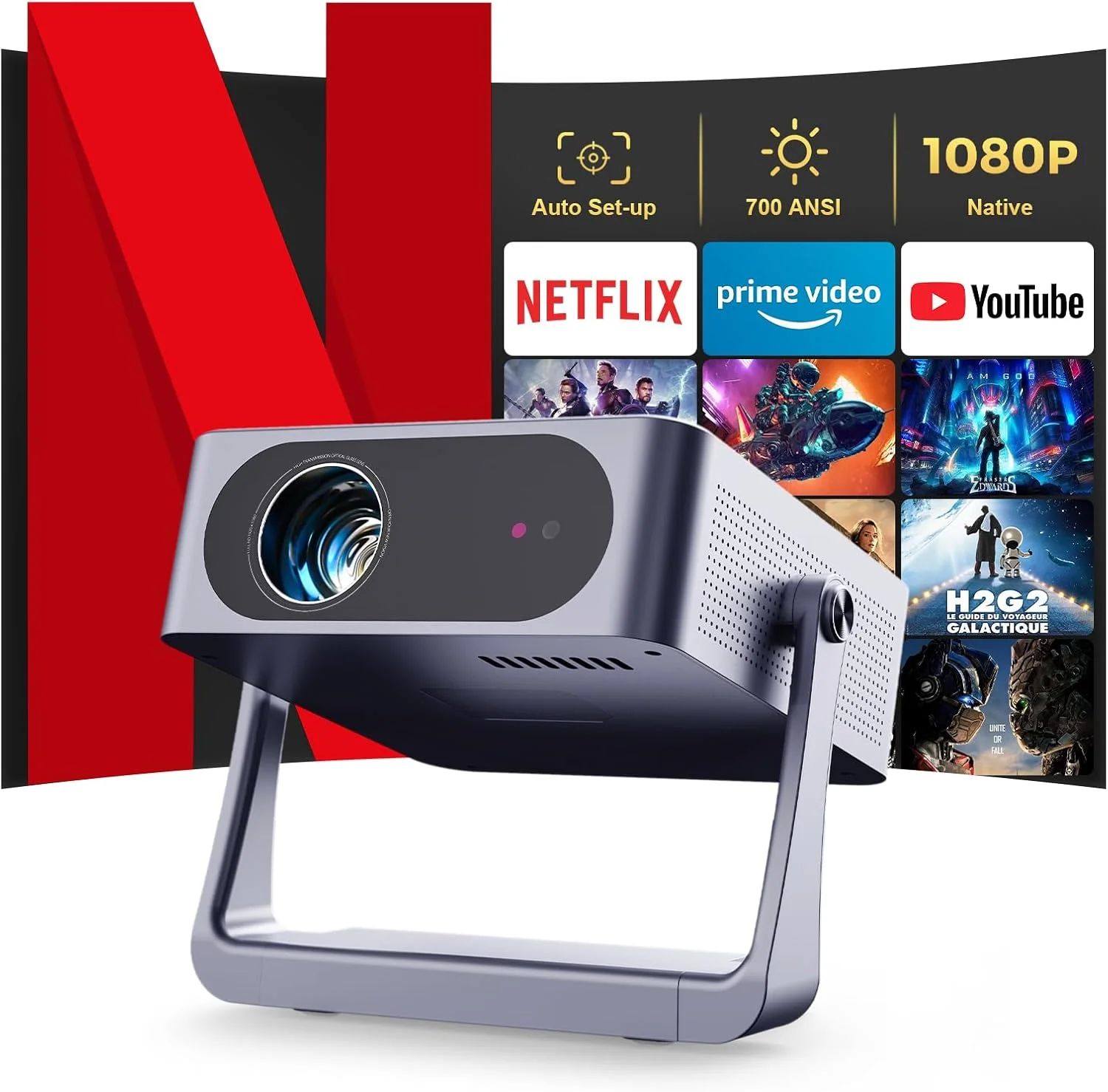 پروژکتور SAEJLLP [فوکوس خودکار/تصحیح زاویه و پایه گیمبال] با Android TV، 700ANSI WiFi6 بلوتوث پروژکتورهای اصلی 1080P، پروژکتور هوشمند فیلم با پشتیبانی از 4K، سینمای خانگی برای تلفن/TV Stick/HDMI/USB