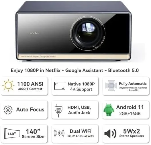 پروژکتور WANBO X5 Pro FHD Native1080P با پشتیبانی از 4K، 1100 ANSI، دستیار گوگل، Android TV 11 (2GB + 16GB)، (فوکوس خودکار + Keystone + اجتناب از موانع)، بلندگوی 10 واتی، WiFi دوگانه، BT 5.0 برای شب فیلم پروژکتور WANBO X5 Pro FHD Native1080P با پشتیبانی از 4K، 1100 ANSI، دستیار گوگل، Android TV 11 (2GB + 16GB)، (فوکوس خودکار + Keystone + اجتناب از موانع)، بلندگوی 10 واتی، WiFi دوگانه، BT 5.0 برای شب فیلم