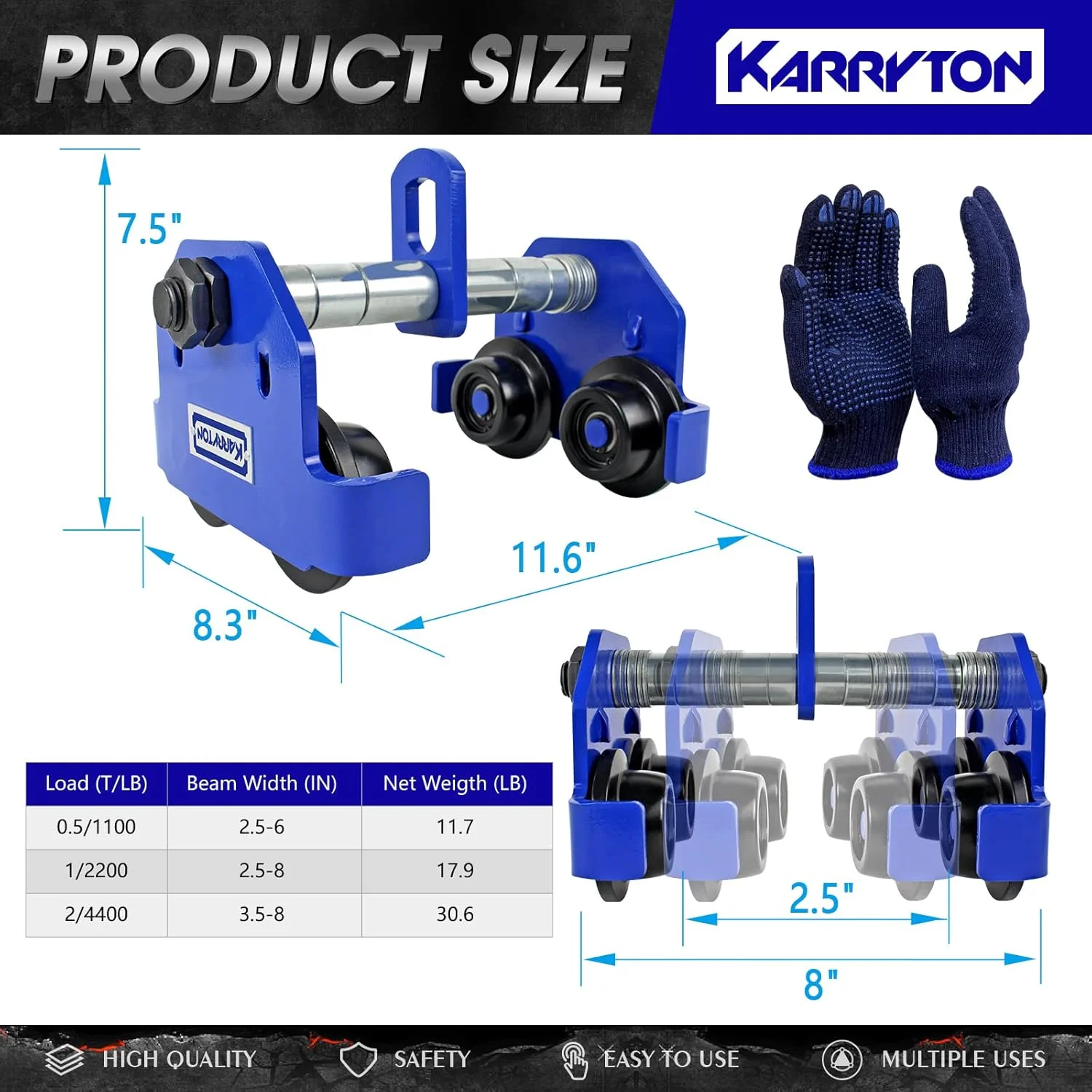 چرخ دستی تیرآهن KARRYTON با ظرفیت 1 تن/2200 پوند، عرض فلنج قابل تنظیم 2.5 تا 8 اینچ، چرخ دستی دستی سنگین با غلتک های دوگانه برای بالابرهای جرثقیل، بالابرهای گاراژ، تیرآهن های مستقیم/منحنی