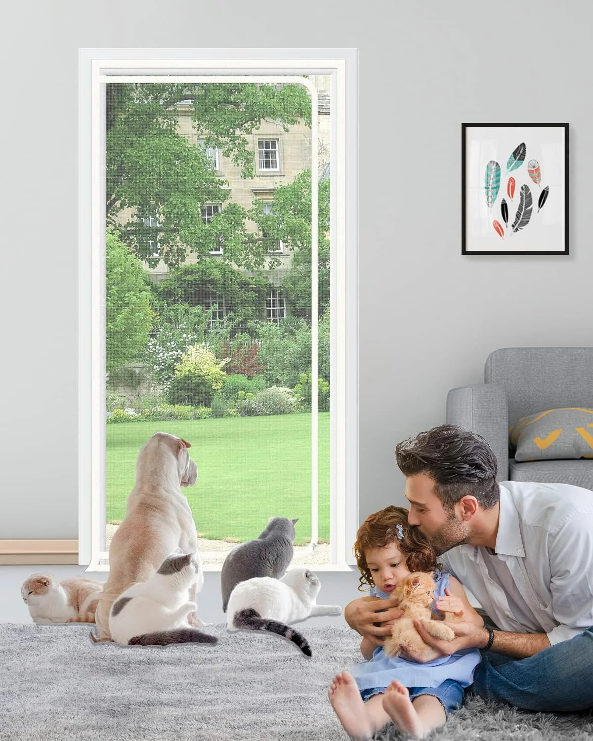 درب توری تقویت شده گربه SHRRL مناسب برای اندازه درب 36''x 82''، درب توری مقاوم در برابر حیوانات خانگی با زیپ، جلوگیری از بیرون رفتن سگ ها و گربه ها از خانه، سفید 1