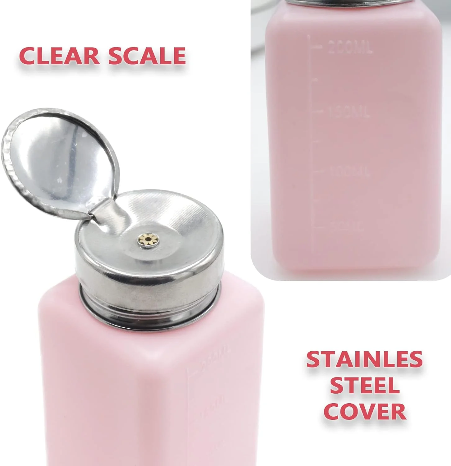 ظرف پمپی 200 میلی لیتری Joyangy، بسته 2 عددی، با پمپ استیل ضد زنگ تک لمسی، بطری فشاری پلاستیکی صورتی مربعی برای الکل، پاک کننده لاک ناخن، پاک کننده آرایش، پاک کننده ظرف پمپی 200 میلی لیتری Joyangy، بسته 2 عددی، با پمپ استیل ضد زنگ تک لمسی، بطری فشاری پلاستیکی صورتی مربعی برای الکل، پاک کننده لاک ناخن، پاک کننده آرایش، پاک کننده