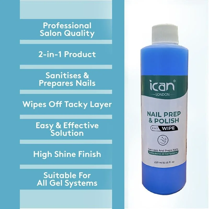 محلول آماده سازی و پاک کننده لاک ناخن آیکان لندن، تمیز کننده چند منظوره باقیمانده لاک ژل، مناسب برای بهداشت و مراقبت از ناخن، 250 میلی لیتر
