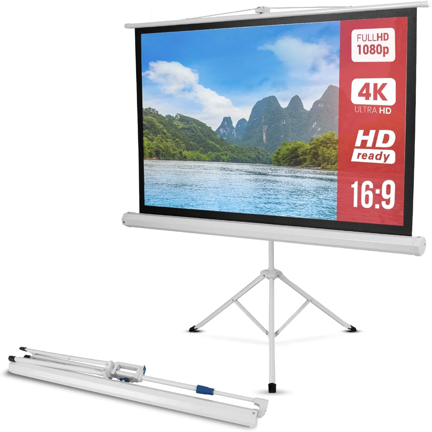 صفحه نمایش ویدئو پروژکتور 40 اینچی Pyle PRJTP42 PRJTP52، تاشو و جمع شو آسان، پایه سه پایه - 50 اینچ