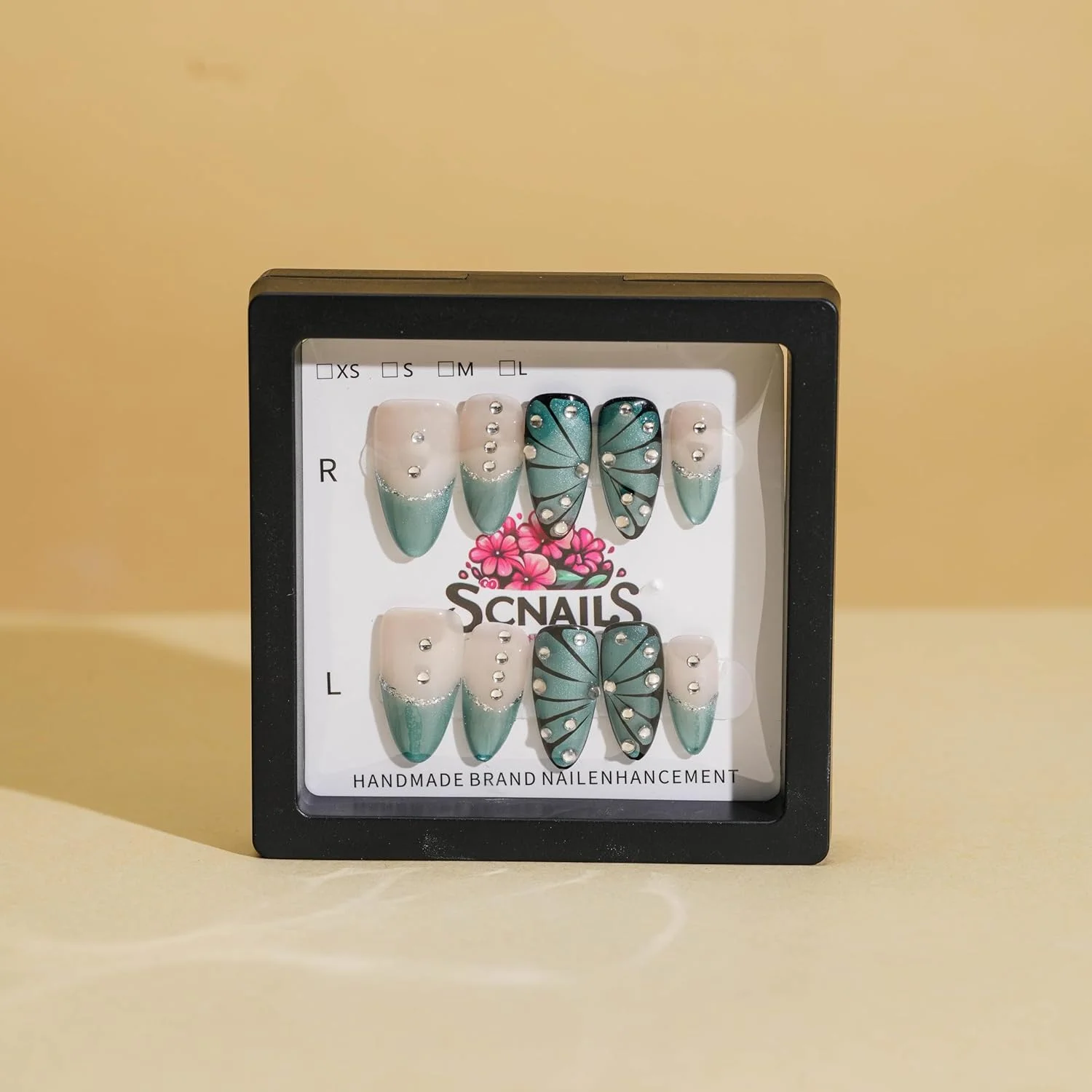 ناخن مصنوعی چشم گربه ای سبز آبی با طرح پروانه و نگین، مدل بادامی، گرادیان رنگی نود، دست ساز، قابل استفاده مجدد، مناسب خانم ها، کیت مانیکور بادوام (پروانه گرگ و میش، M)