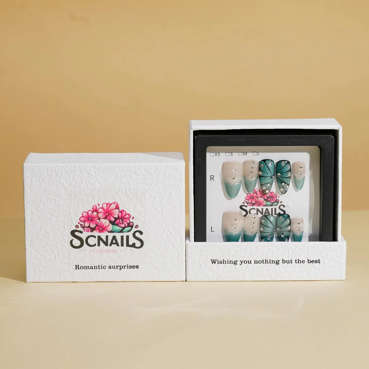 ناخن مصنوعی چشم گربه ای سبز آبی با طرح پروانه و نگین، مدل بادامی، گرادیان رنگی نود، دست ساز، قابل استفاده مجدد، مناسب خانم ها، کیت مانیکور بادوام (پروانه گرگ و میش، M)