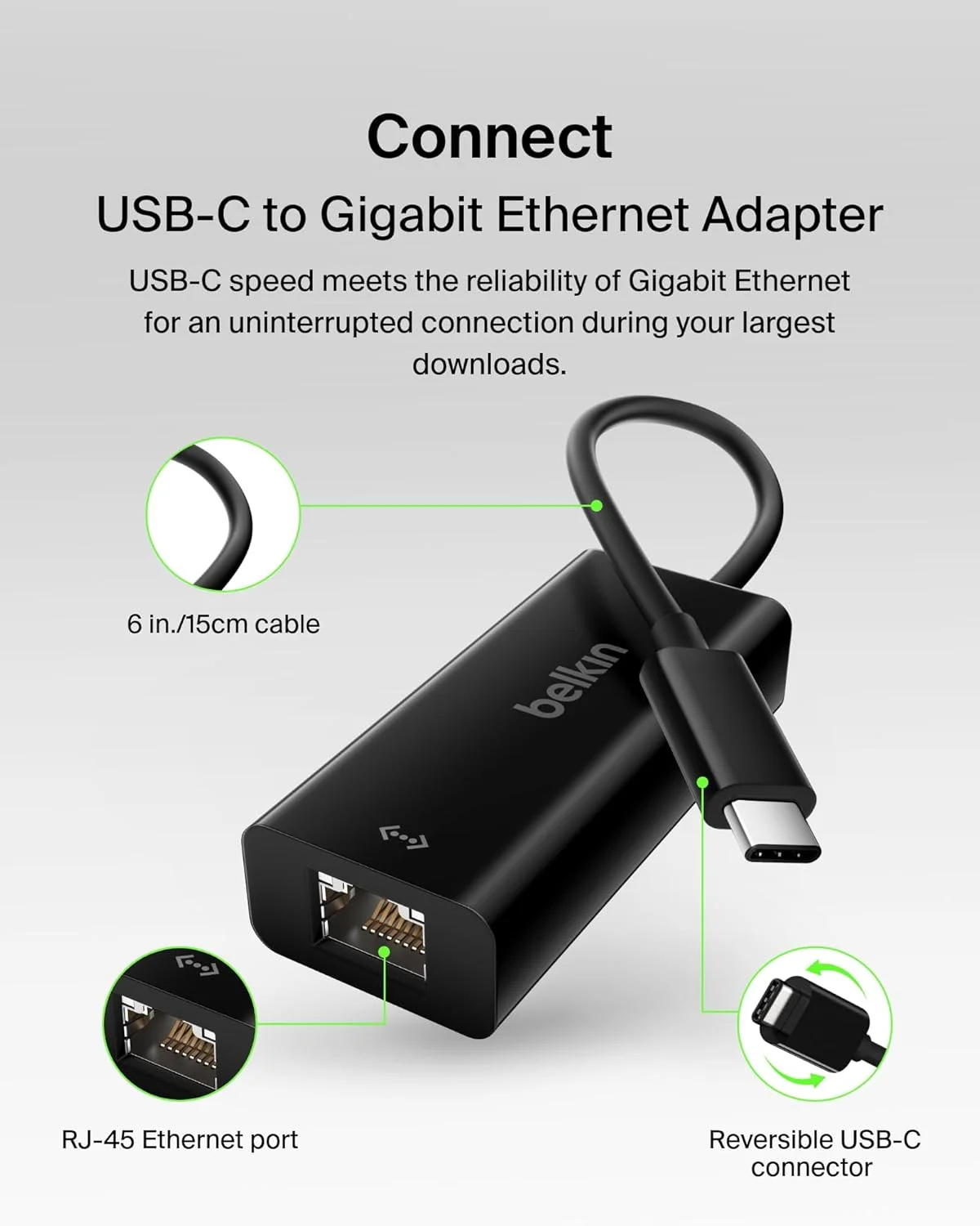 آداپتور USB-C به گیگابیت اترنت بلکین دارای گواهینامه USB-IF، سازگار با دستگاه های USB-C از جمله مک بوک جدید، مک بوک پرو (2016)، XPS و کروم بوک پیکسل (F2Cu040Btblk)