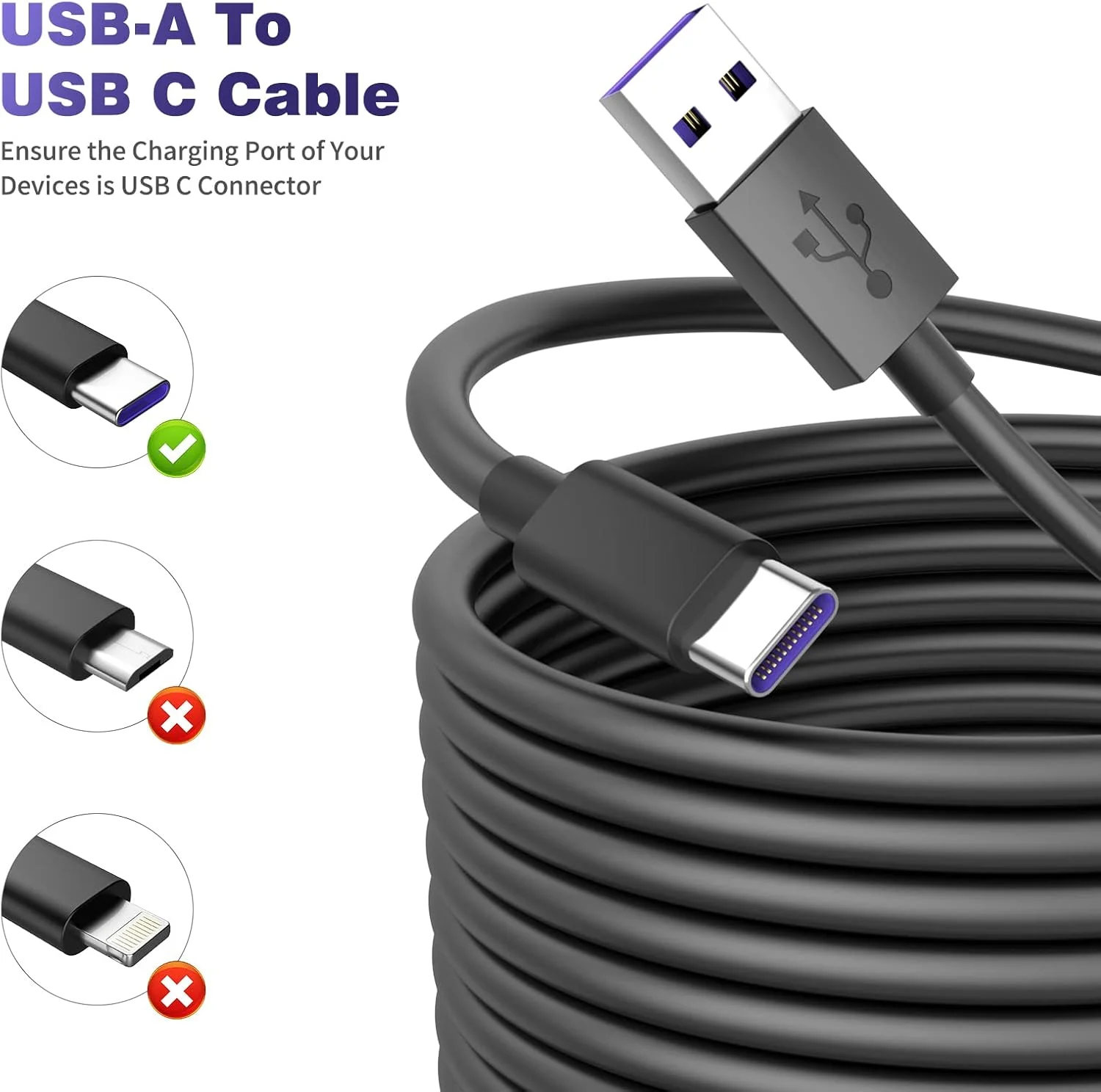 کابل برق USB به USB C آی منگو برای دوربین مداربسته، کابل افزایش طول برق 10 متری Type C برای دوربین امنیتی شیائومی Mi eufy، سیم داخلی و خارجی با 10 عدد گیره سیم و میخ کابل مشکی