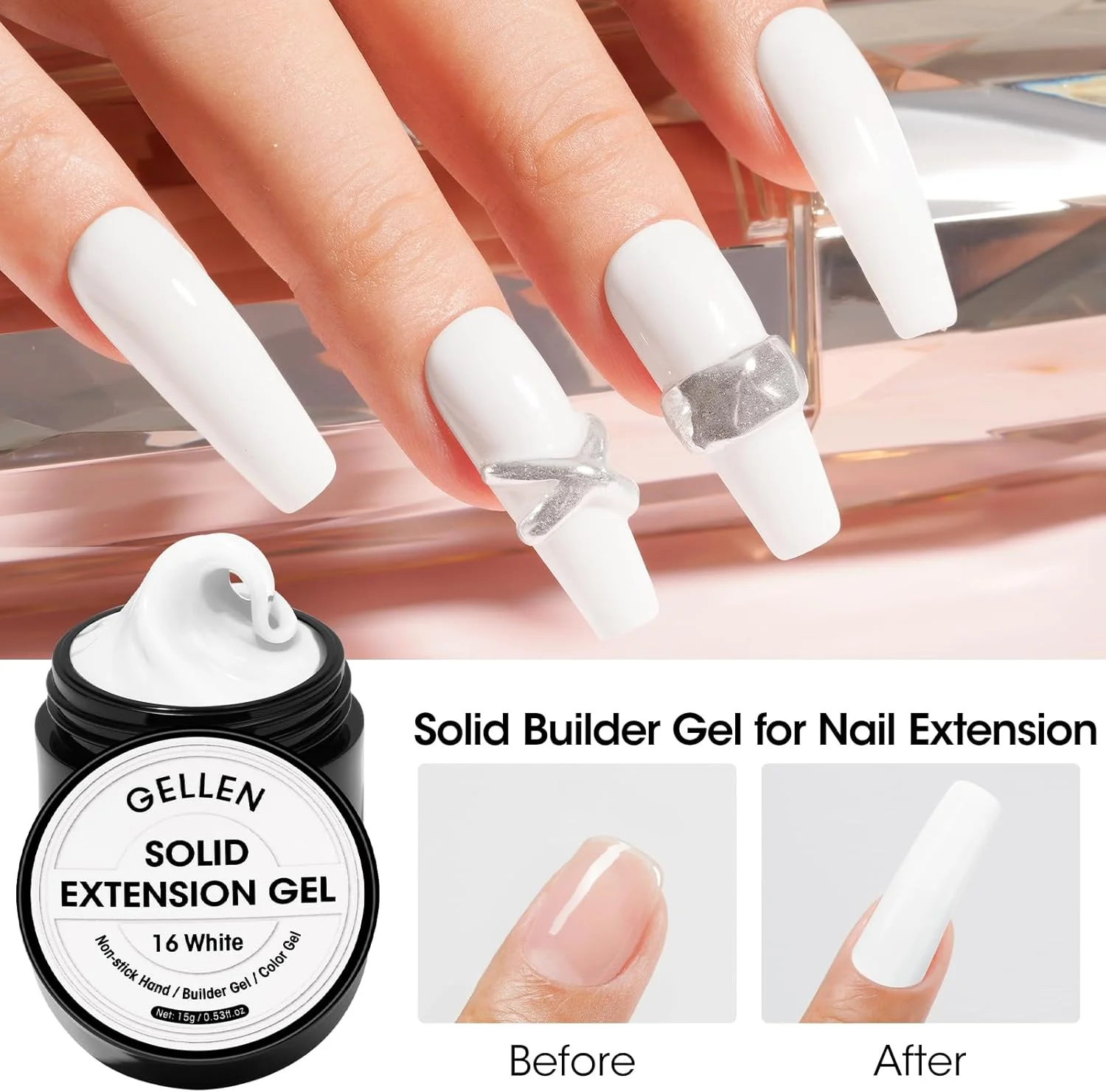 ژل بیلدر جامد سفید Gellen برای ناخن، ژل مجسمه سازی سه بعدی سفید برای ناخن، ژل غیر چسبنده برای مجسمه سازی و قالب گیری سه بعدی ناخن برای حکاکی الگوهای تزئینی و اکستنشن ناخن