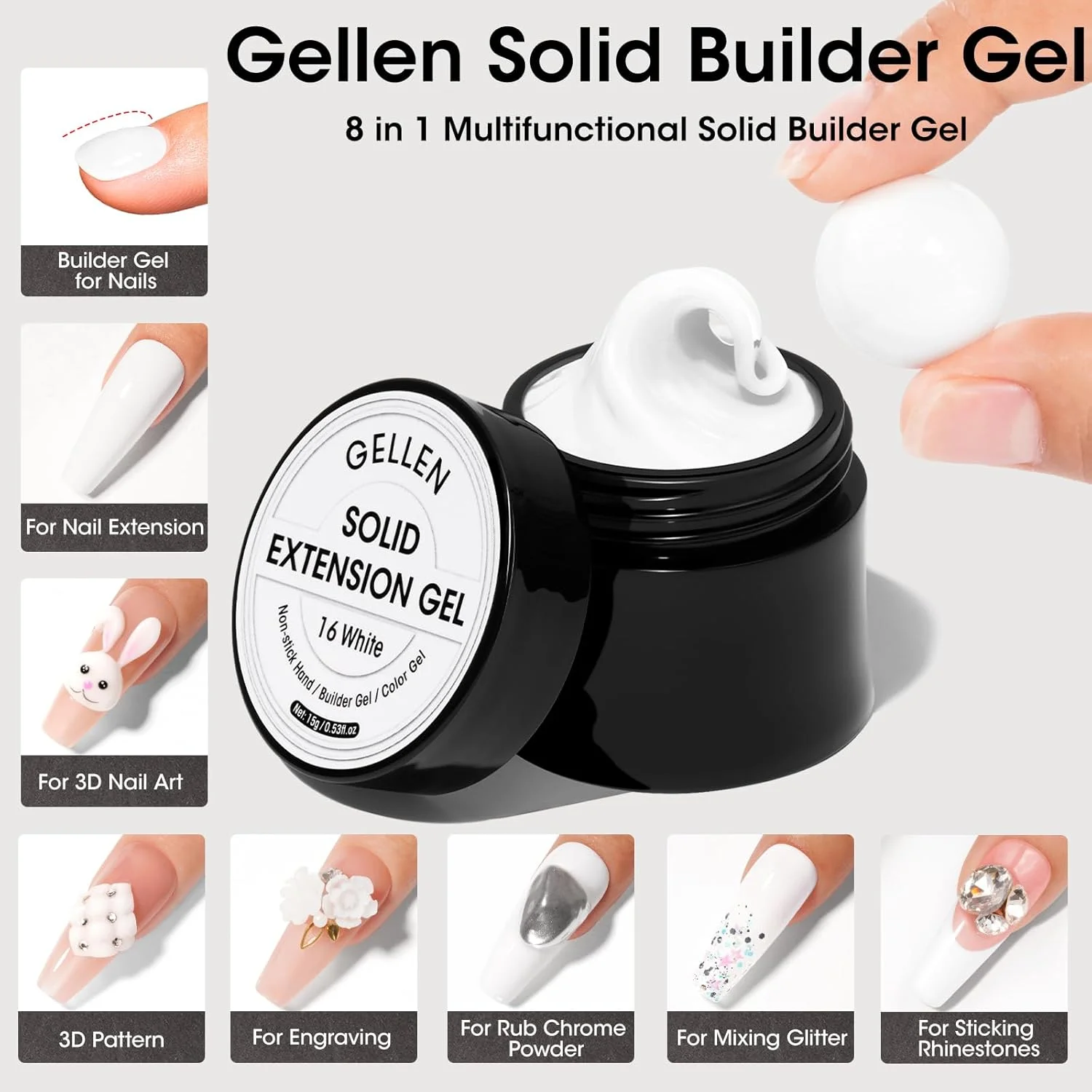 ژل بیلدر جامد سفید Gellen برای ناخن، ژل مجسمه سازی سه بعدی سفید برای ناخن، ژل غیر چسبنده برای مجسمه سازی و قالب گیری سه بعدی ناخن برای حکاکی الگوهای تزئینی و اکستنشن ناخن