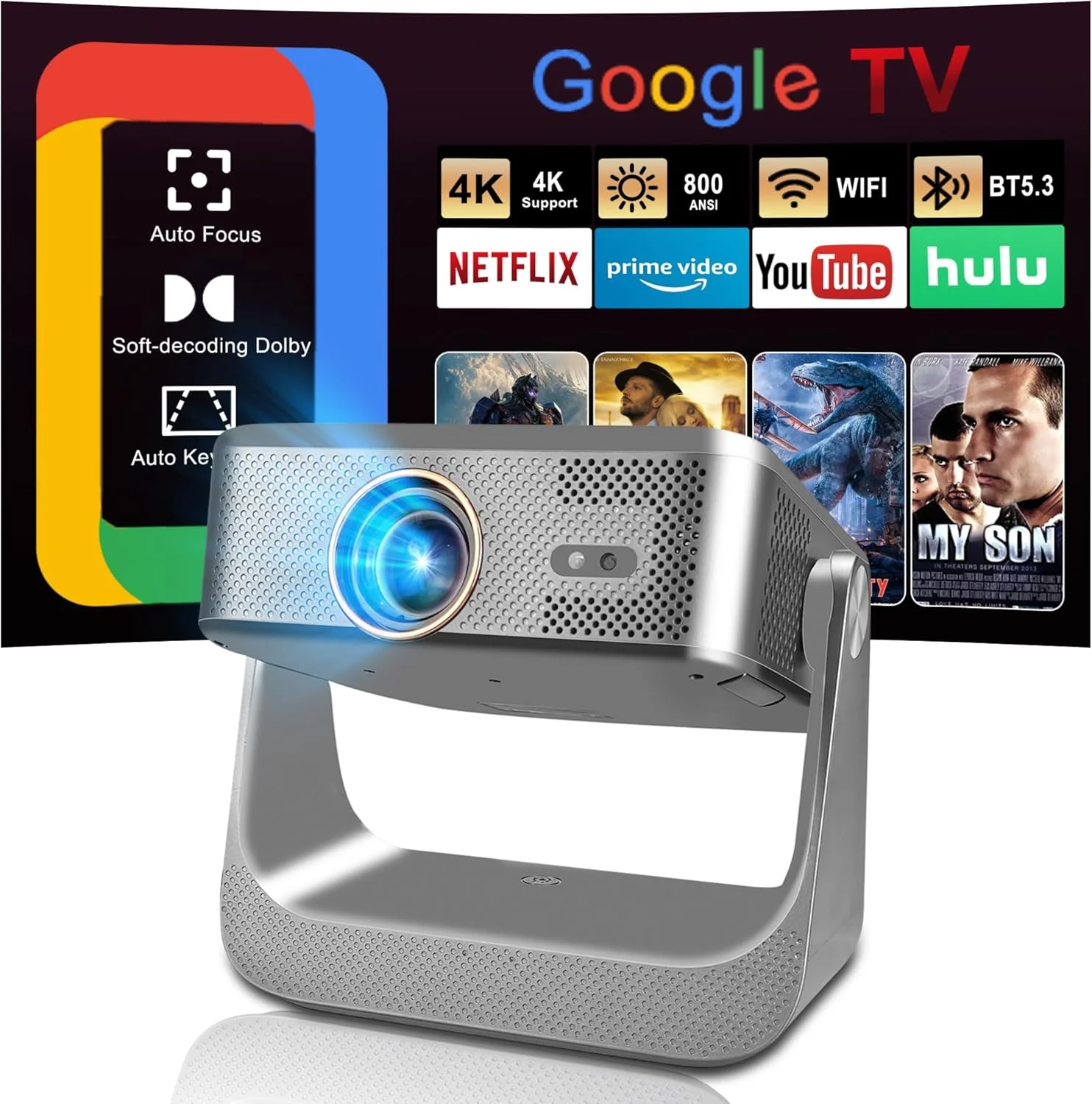 پروژکتور هوشمند [GTV رسمی] با WiFi 6 و بلوتوث، پشتیبانی از 4K دارای مجوز NF، پروژکتور سینمای خانگی و فضای باز با فوکوس خودکار، پروژکتور فیلم